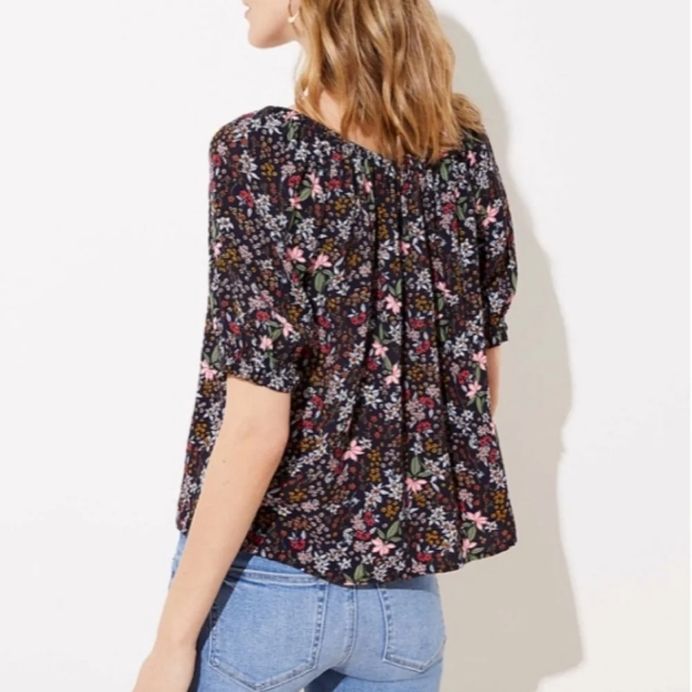 Loft Casual Office Spring Summer Floral Scoop Neck Puff Sleeves Flowy Top